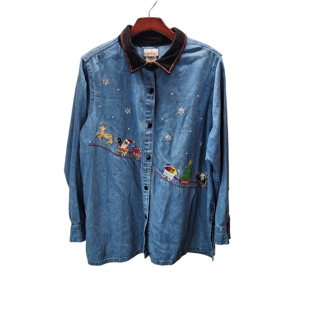 Vtg Bobbie Brooks Denim Christmas Shirt Embroidered Santa Reindeer Blue 18W 20W